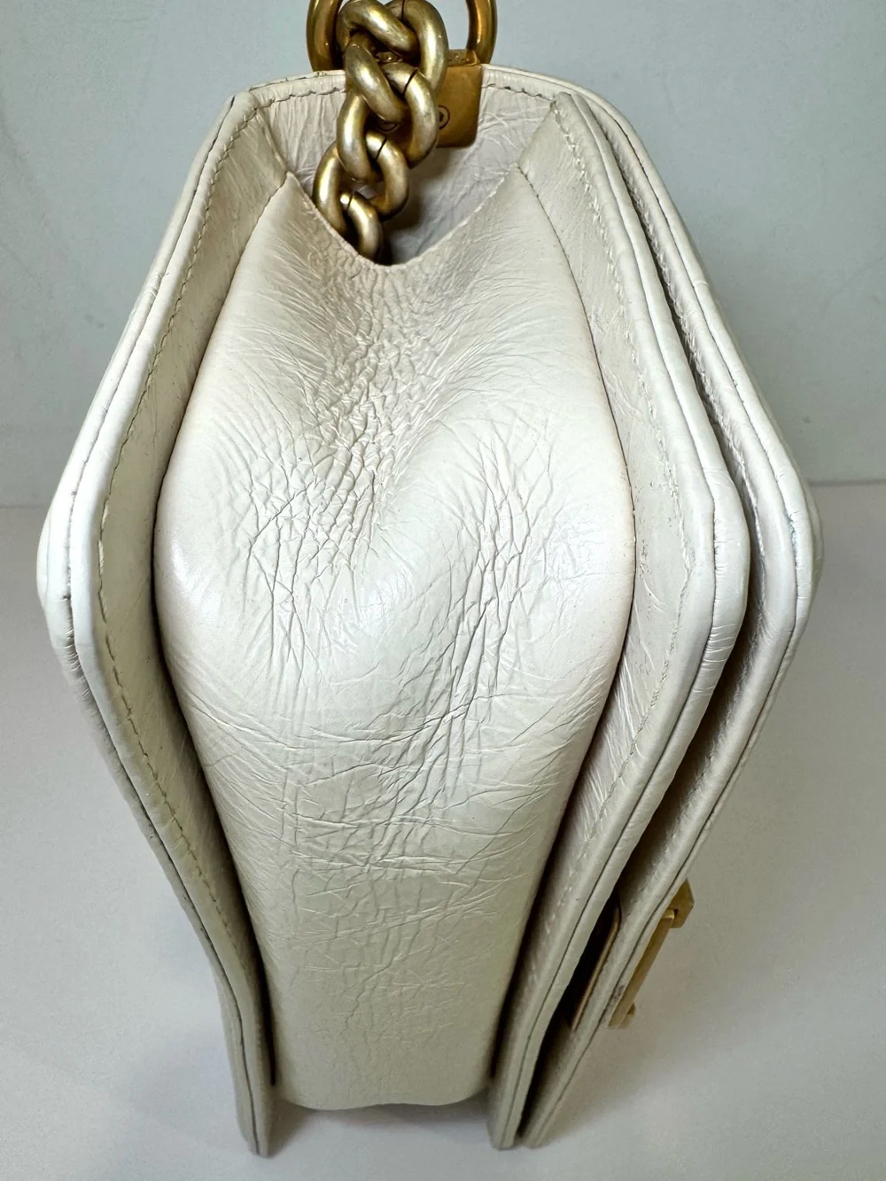 Chanel Small Chain Around Boy Bag W Cream Quilted Aged Calfskin & Gold Hardware